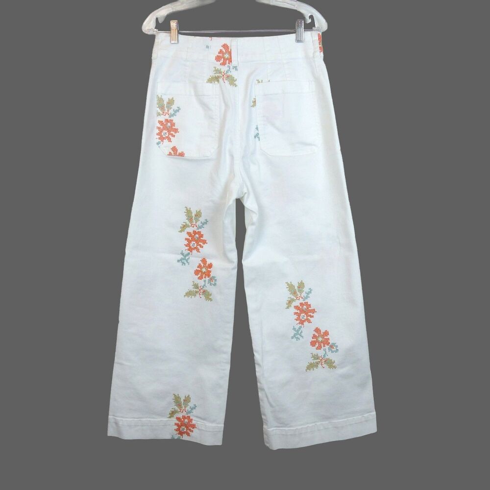 Maeve Anthropologie Colette Jeans 30 White Floral Embroidered Crop Wide Leg Boho - Picture 12 of 16